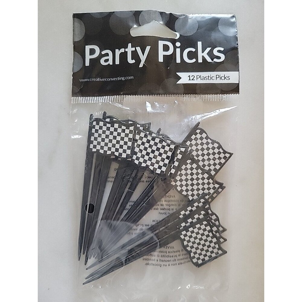 Creative Converting 12 Count Check Plastic Flag Party Picks, Black/White